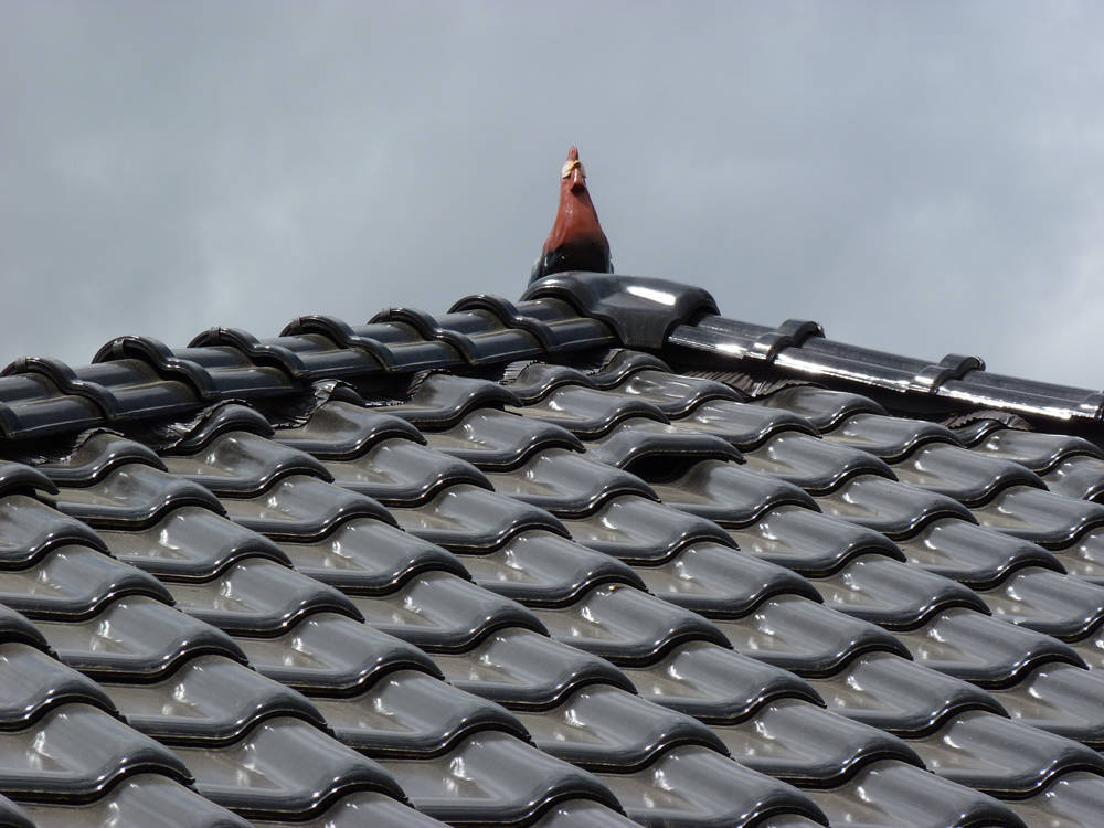 Keramická strešná krytina Röben monza plus maduro - realizácia strechy detail - keramický okrasný prvok kohút